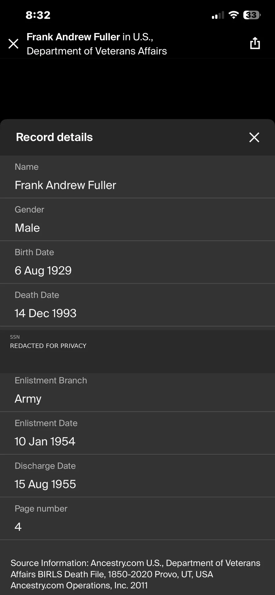 Redacted Veterans Affairs BIRLS record documenting Frank Fuller's Army service.