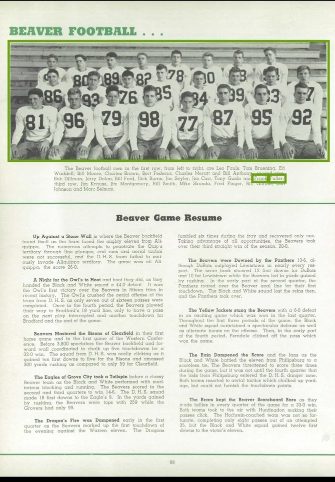 DuBois High School football yearbook source page preserving Frank Fuller football evidence.