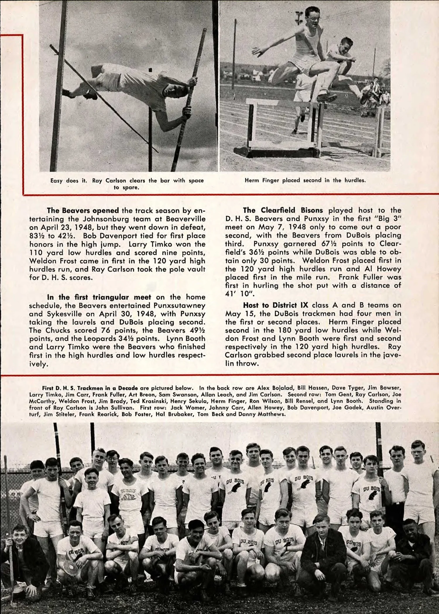 DuBois track and field yearbook evidence page associated with Frank Fuller and shot put.