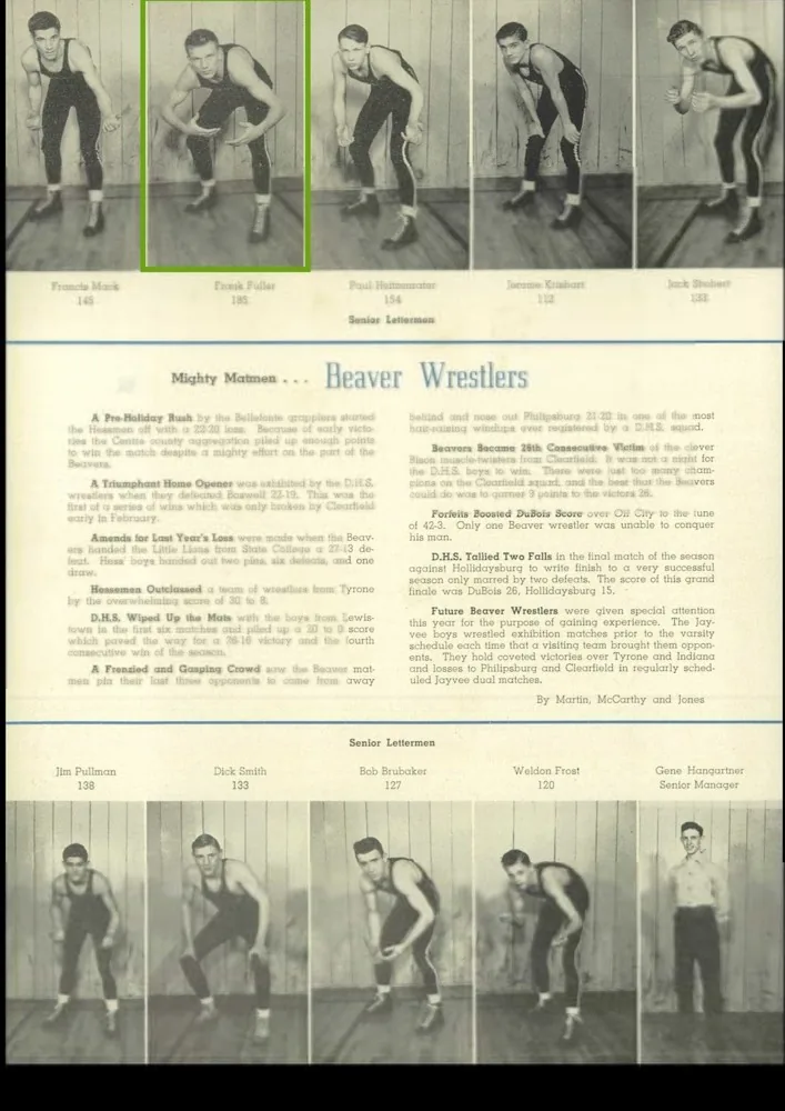 DuBois High School wrestling yearbook page containing Frank Fuller at 185 pounds.