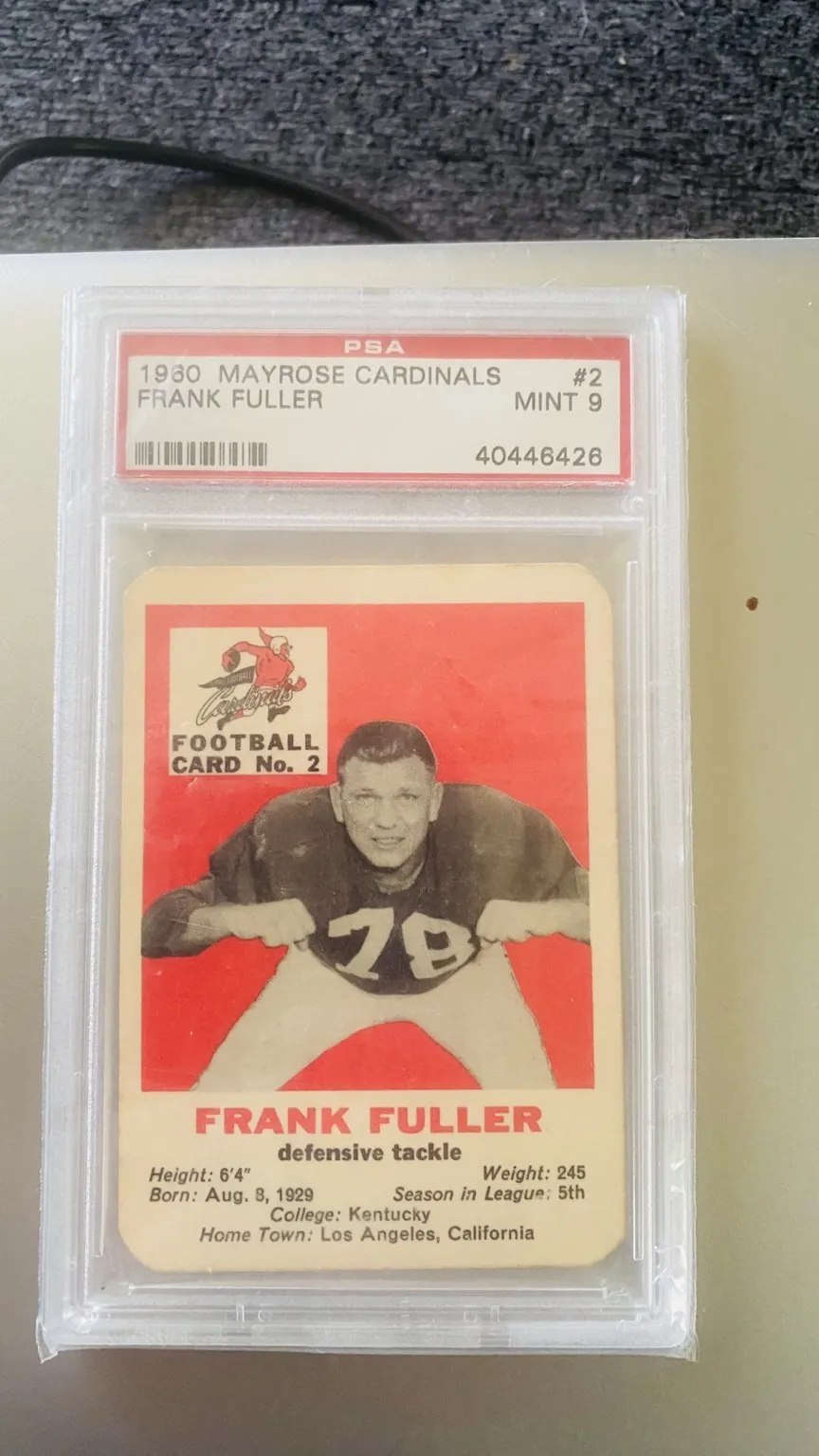 Front of the 1960 Mayrose Cardinals Number Two Frank Fuller PSA Mint Nine.
