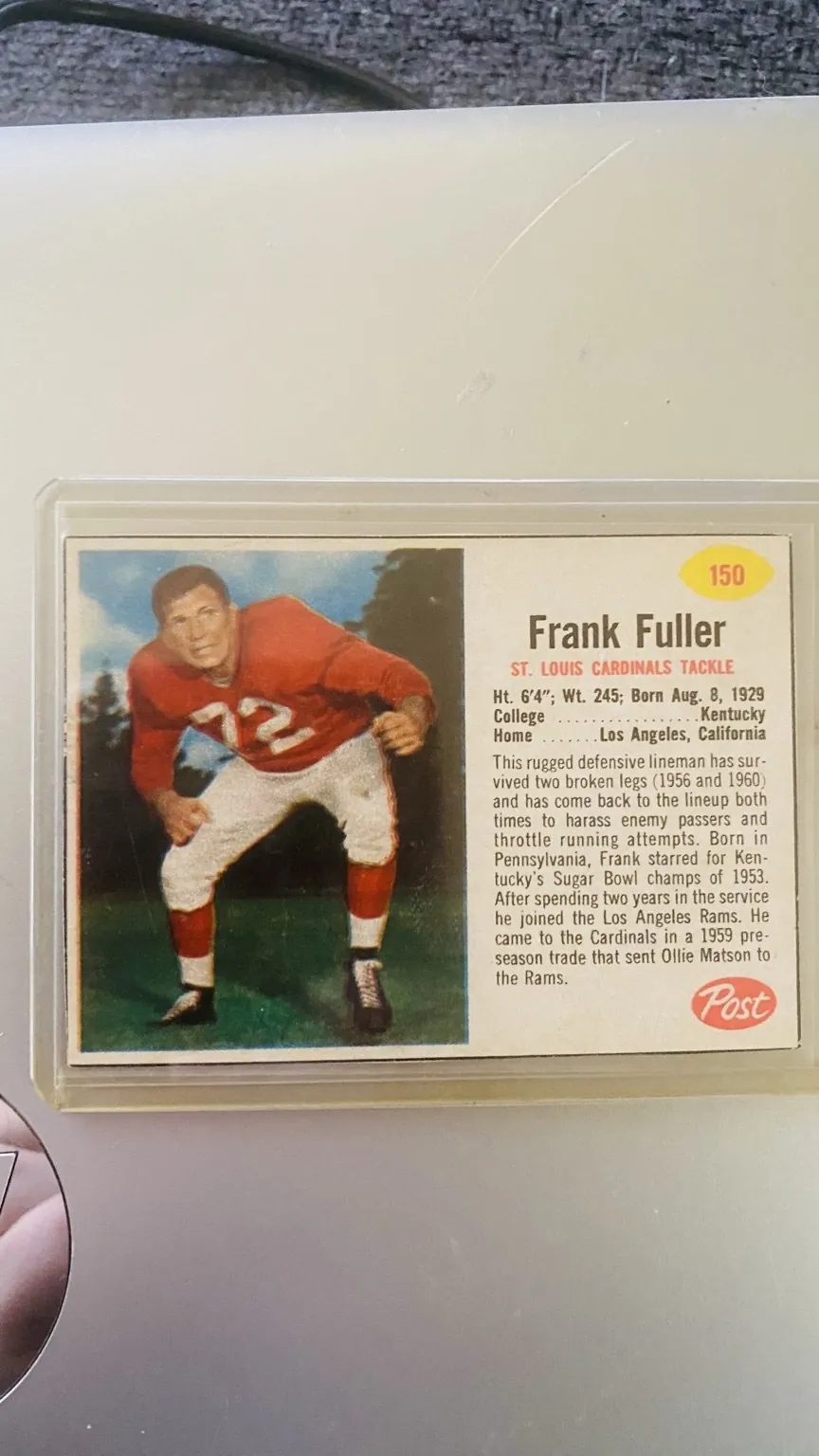 Front of the 1962 Post Cereal Number One Hundred Fifty Frank Fuller card.